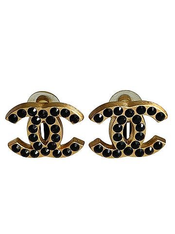 Chanel CHANEL 01A Coco Mark Black Rhinestone Clip Earrings with Box, Gold Color, Women's (view 1)