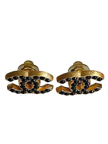 Chanel CHANEL 01A Coco Mark Black Rhinestone Clip Earrings with Box, Gold Color, Women's (view 2)