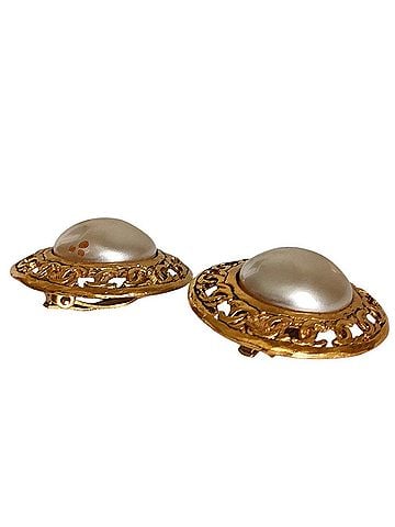 Chanel CHANEL 25 Coco Mark Metal Faux Pearl Clip Earrings, Gold Color, Women's Accessory (view 2)