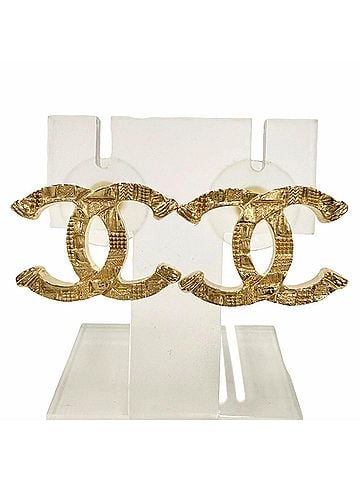 Chanel CHANEL B24V ABB375 Coco Mark Tweed Engraved Earrings, Gold, Made in Italy, Women's, with Box. (Pair) (view 1)