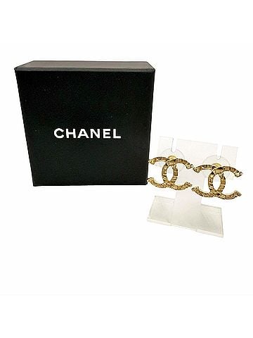 Chanel CHANEL B24V ABB375 Coco Mark Tweed Engraved Earrings, Gold, Made in Italy, Women's, with Box. (Pair) (view 2)