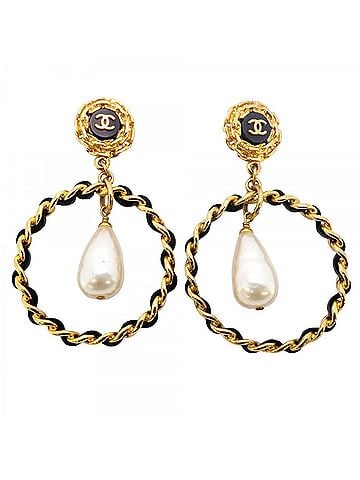 Chanel Chanel earrings, Coco Mark design, GP plated, faux pearl, gold, black, women's. (view 1)