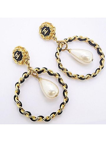 Chanel Chanel earrings, Coco Mark design, GP plated, faux pearl, gold, black, women's. (view 2)