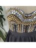 Bebe Graphic Solid Black Gold Cocktail Dress Size 2 - photo 9