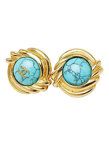Chanel Chanel Coco Mark Earrings, Gold Turquoise Plated Stone, Women's CHANEL (view 1)