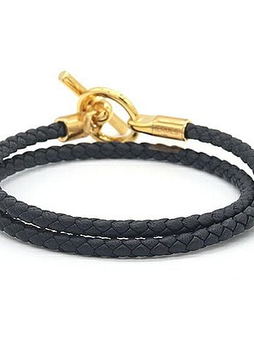 Hermès Hermes Glenan Double Tour Bracelet H071689 Black Gold Veau Swift Metal Bangle Layer Women's HERMES (view 2)