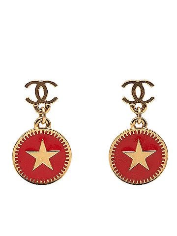 Chanel CC Gold Plated Enamel Star Dangling Push Back Earrings (view 1)