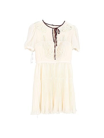 Self-Portrait  Self-Portrait Pleated Macramé-Trim Mini Dress in White Polyester (view 1)