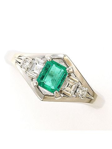 Unbranded PT900 Platinum Ring with 1 Emerald (0.44ct) and Diamond, Certificate of Authenticity, Total Weight 6.8g, Like New Condition. (view 1)