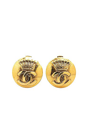 Chanel Vintage Chanel Coco Mark Crown Motif Round Earrings, Gold Plated, Women's, CHANEL (view 1)