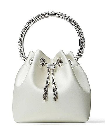 Jimmy Choo Satin Crystal Embellished Top Handle Bon Bon Bag in Ivory (view 1)
