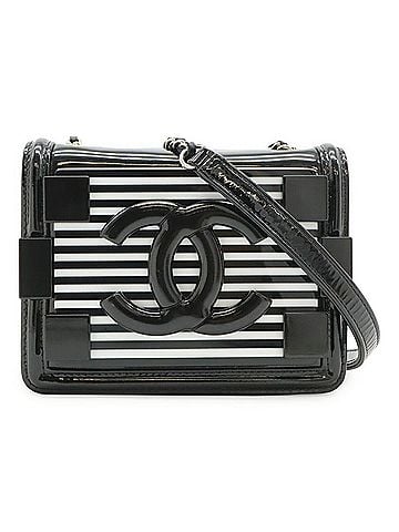 Chanel CHANEL Lego Boy Plastic Coco Mark Border Chain Shoulder Bag Pouch Leather Black White (view 1)