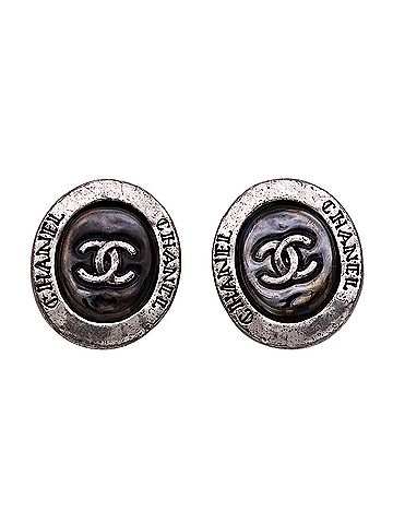 Chanel Chanel earrings for women, brand name, black and silver, Coco mark, oval. (view 1)