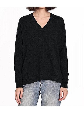Minnie Rose Cashmere Long And Lean V-Neck Sweater in Black (view 2)