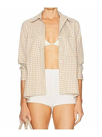 Enza Costa Textured Gingham Shirt in Sand Gingham (view 2)