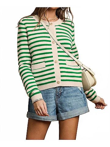 Umgee Long Sleeve Striped Cardigan in Green (view 2)