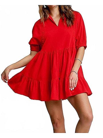 Umgee Tiered Babydoll Dress in Red (view 2)