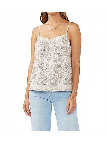 Lovestitch Lace-Trimmed Button Down Floral Spaghetti Tank Top in Natural Pink (view 2)