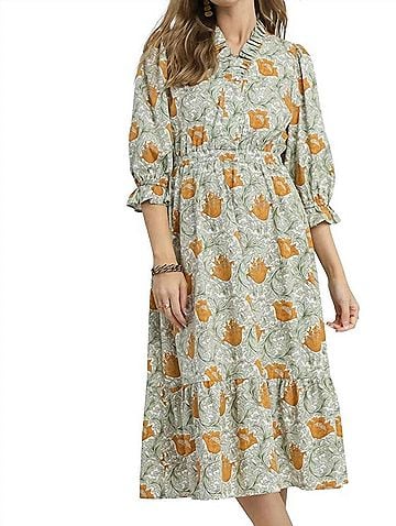 Umgee Abstract Print Midi Dress in Off White Mix (view 2)