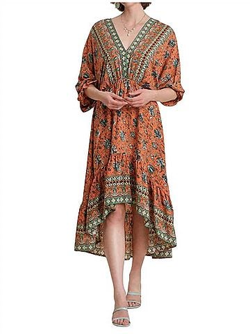 Umgee V-Neck Paisley Dress in Orange Mix (view 2)