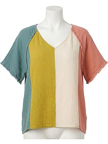 Umgee Color Block Cotton Gauze Top in Mint & Peach (view 1)