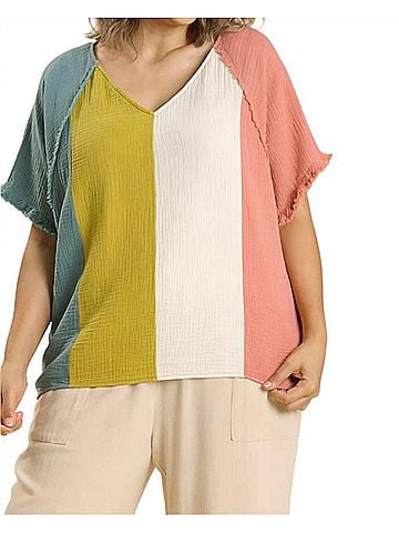 Umgee Color Block Cotton Gauze Top in Mint & Peach (view 2)