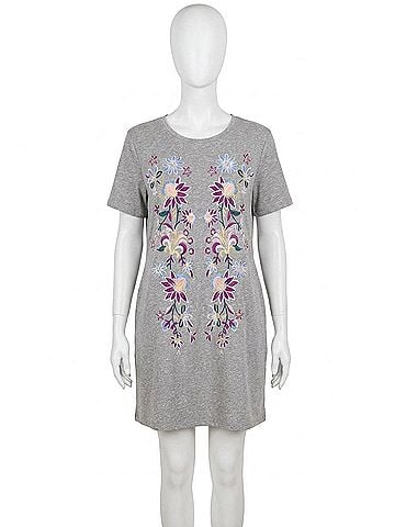 Umgee Floral Embroidered Heathered Pocket Dress in Grey Multi (view 1)