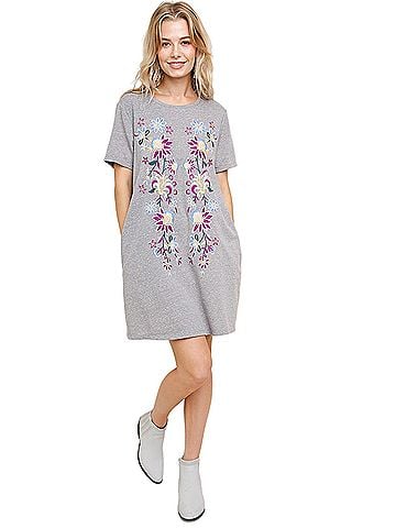 Umgee Floral Embroidered Heathered Pocket Dress in Grey Multi (view 2)