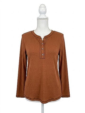 White Birch Ribbed Henley Top in Cognac (view 1)