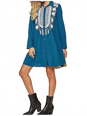 Andree by UNIT Embroidered Paisley Shirt Dress in Blue (view 2)