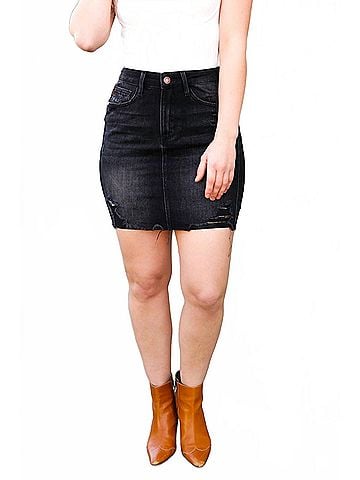 Judy Blue High Rise Distressed Frayed Denim Skirt in Black (view 2)