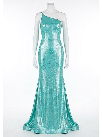 Jovani Metallic Fitted One Shoulder Prom Dress in Aqua Green (view 1)