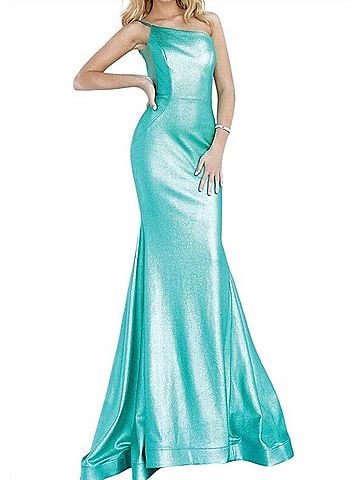 Jovani Metallic Fitted One Shoulder Prom Dress in Aqua Green (view 2)