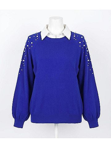 Umgee Round Neck Pullover Sweater With Long Sleeve Pearl Details in Blue (view 1)