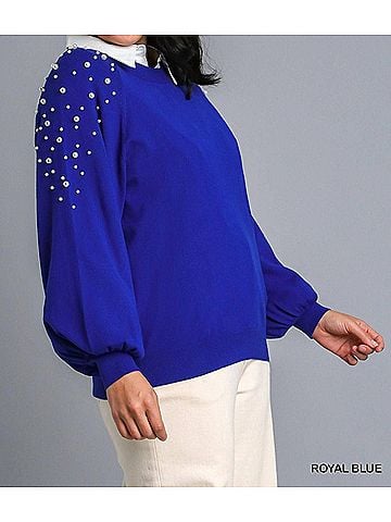 Umgee Round Neck Pullover Sweater With Long Sleeve Pearl Details in Blue (view 2)