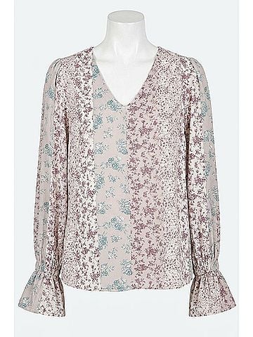 Andree by UNIT Floral Ruffle Sleeve Blouse in Lavender/Grey (view 1)