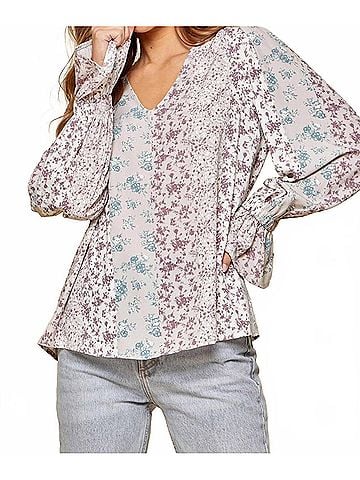 Andree by UNIT Floral Ruffle Sleeve Blouse in Lavender/Grey (view 2)