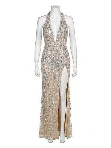 Jovani Abby Long Formal Prom Dress Gown in Silver/Nude (view 1)