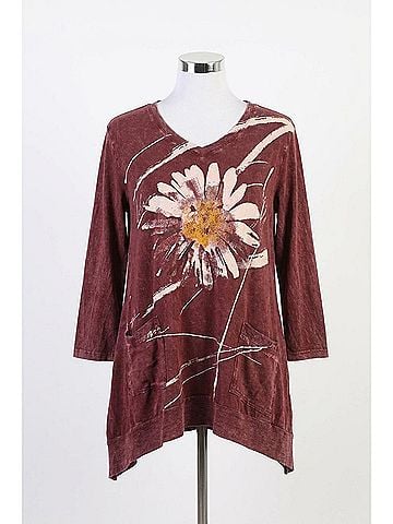 Jess & Jane Chit Chat Mineral Washed Patch Pocket Cotton Tunic in Wine (view 1)