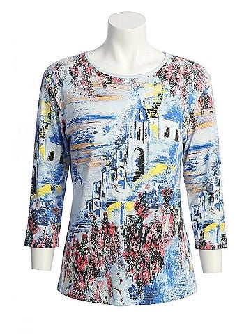Jess & Jane Greece Printed Cotton Top - Plus in Blue (view 1)