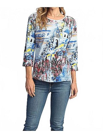 Jess & Jane Greece Printed Cotton Top - Plus in Blue (view 2)