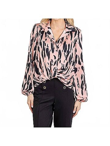 Joseph Ribkoff Recycled Satin Animal Print Draped Top in Pink/Black (view 2)