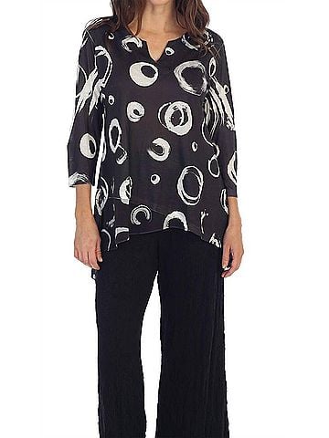 Jess & Jane Circles Slit V-Neck Chiffon Contrast Top in Black (view 2)