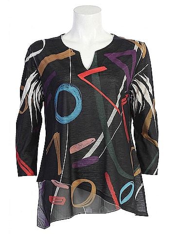Jess & Jane Women's Highlight Slit V-Neck Chiffon Contrast Top in Multi Abstract Pattern (view 1)