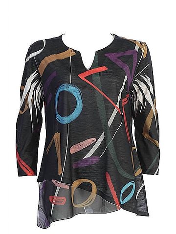 Jess & Jane Women's Highlight Slit V-Neck Chiffon Contrast Top in Multi Abstract Pattern (view 2)