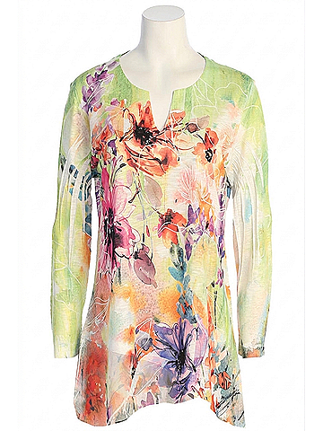 Jess & Jane Women's Victoria Slit V-Neck Chiffon Contrast Top in Watercolor Floral Print (view 1)
