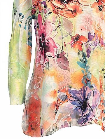 Jess & Jane Women's Victoria Slit V-Neck Chiffon Contrast Top in Watercolor Floral Print (view 2)