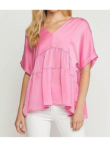 Entro Double V Tiered Top - Plus in Pink (view 2)