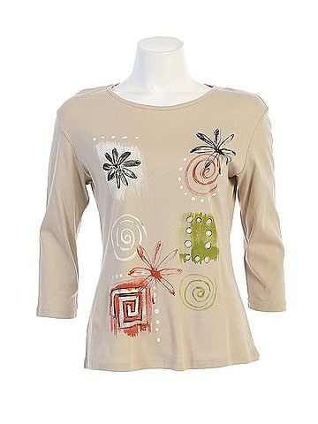 Jess & Jane Women's Patchwork Printed Cotton Top - Plus in Stone (view 1)