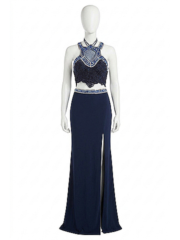 Rachel Allan Lace Jersey Two-Piece Gown in Navy (view 1)